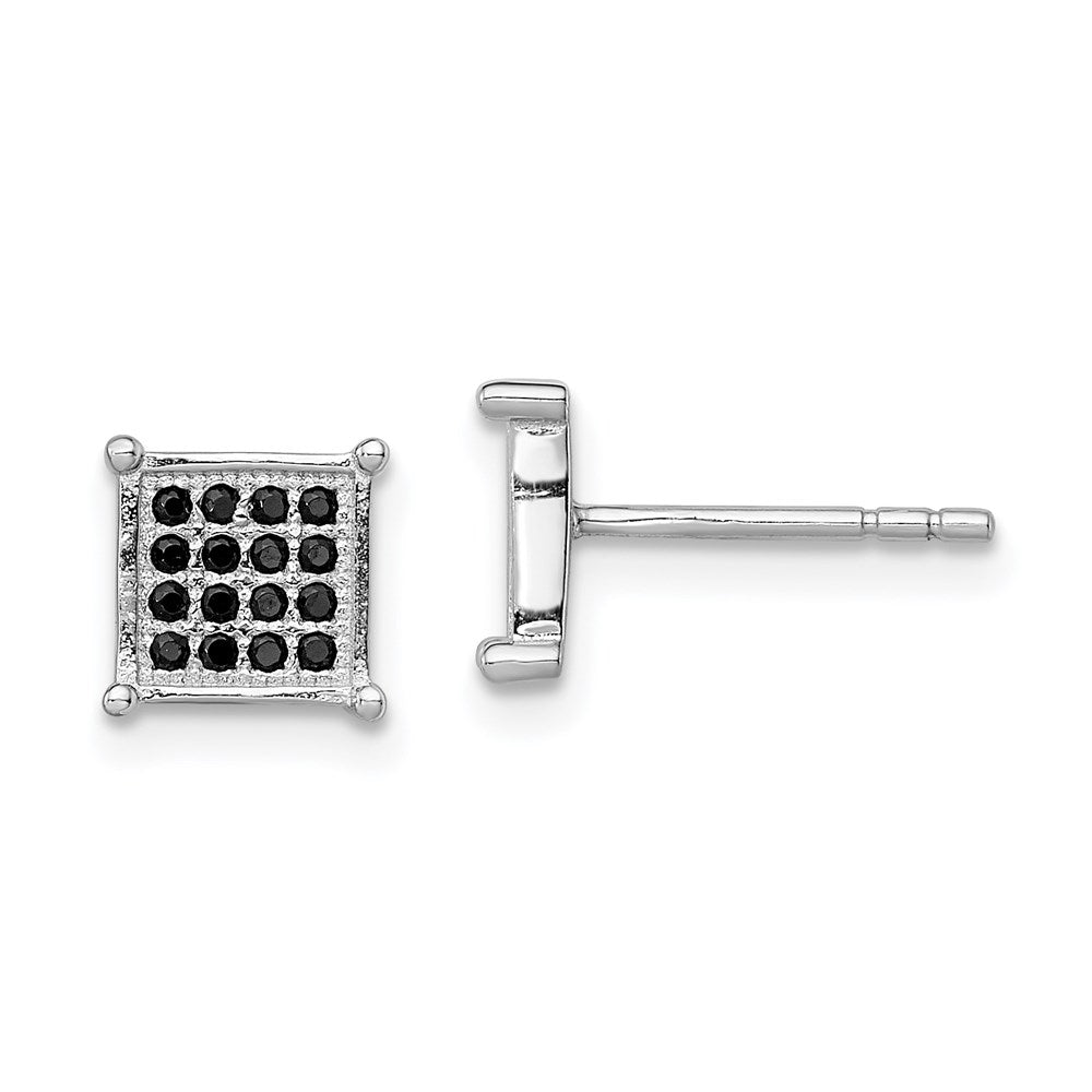Sterling Silver Rhodium-Plated Black Pav Cz Square Post Earrings