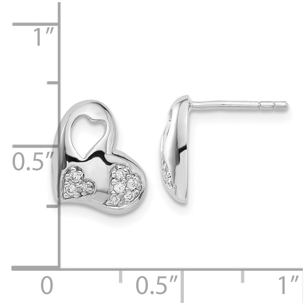 Sterling Silver Rhodium Plated Cz Heart Post Earrings