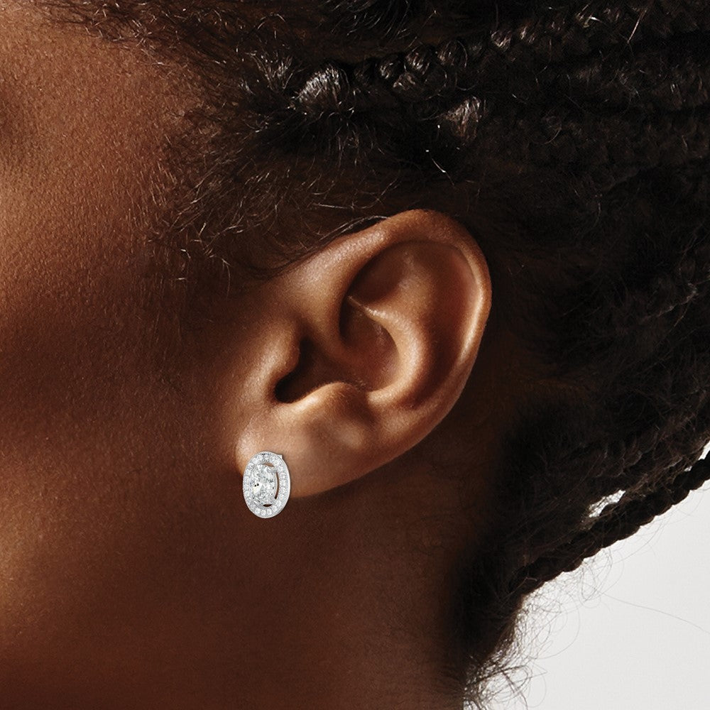 Sterling Silver Rhodium-Plated Polished Pav Cz Oval Post Earrings