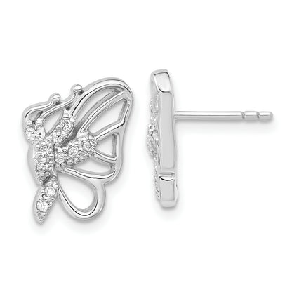 Sterling Silver Rhodium Plated Cz Butterfly Post Earrings