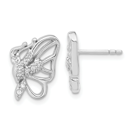 Sterling Silver Rhodium Plated Cz Butterfly Post Earrings