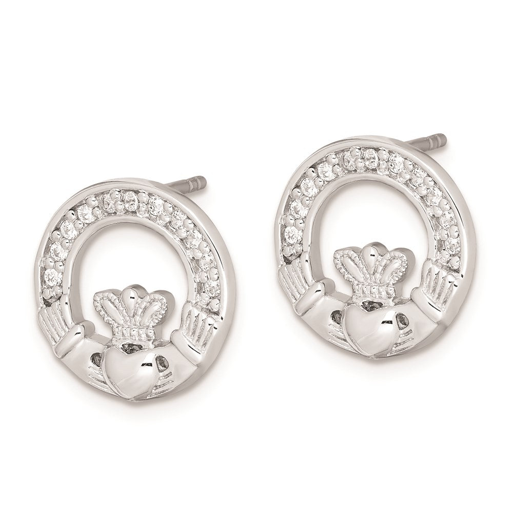 Sterling Silver Rhodium Plated Cz Claddagh Post Earrings