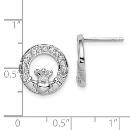 Sterling Silver Rhodium Plated Cz Claddagh Post Earrings