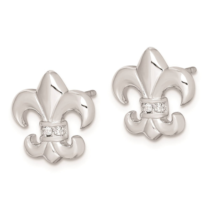 Sterling Silver Rhodium-Plated Polished Cz Fleur De Lis Post Earrings
