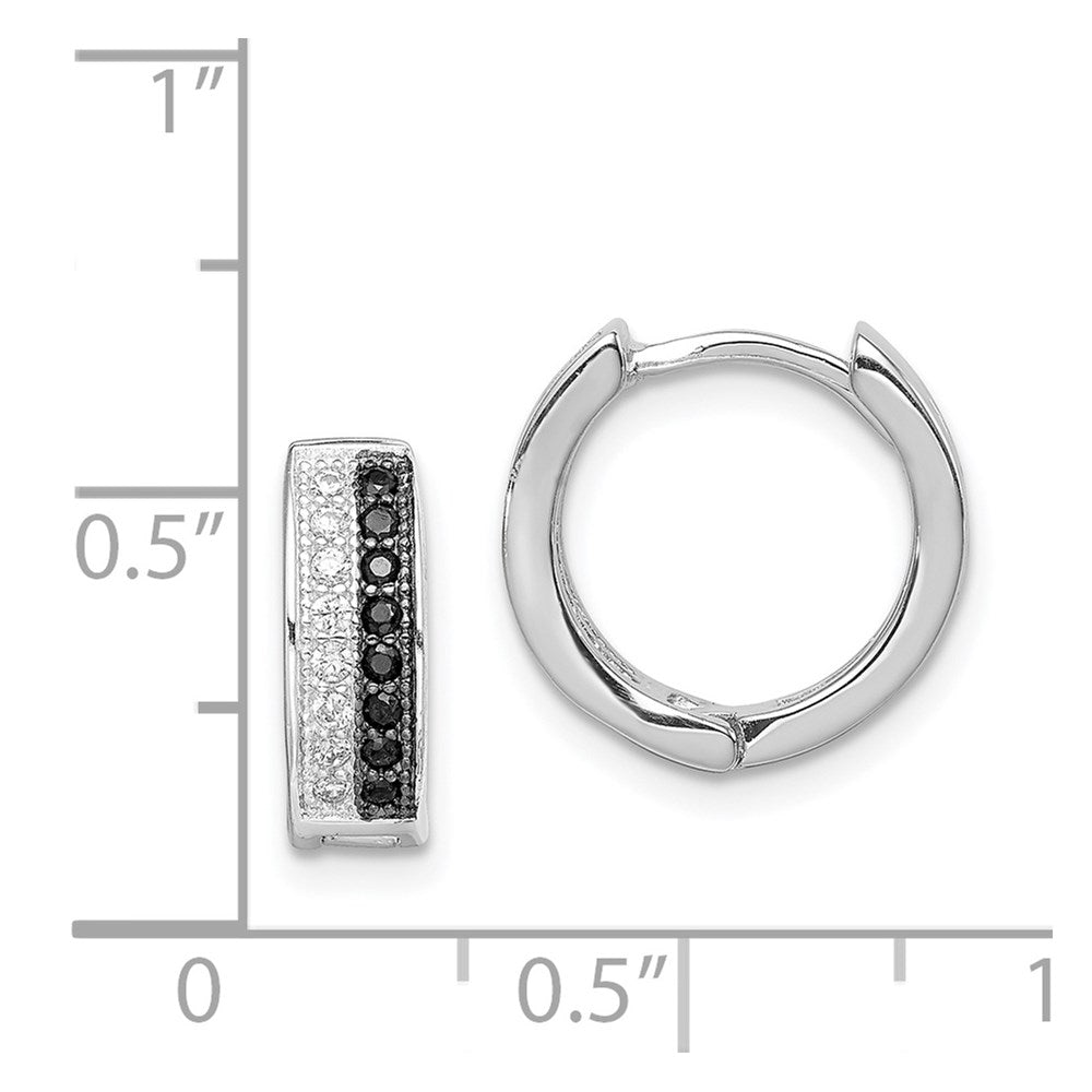 Sterling Silver Rh-Plated Black & White Cz Hinged Round Hoop Earrings