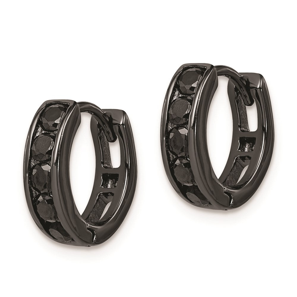 Sterling Silver Black Rh-Plated Cz Hinged 4mm Round Hoop Earrings