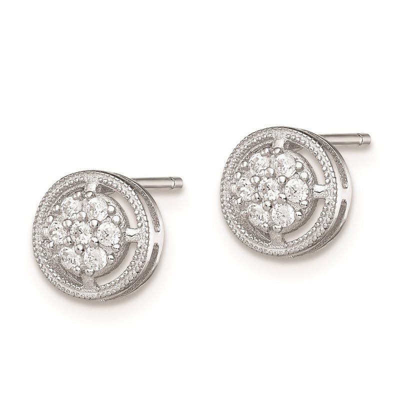 Sterling Silver Rhodium-Plated Polished & Textured Cz Round Post Earrings
