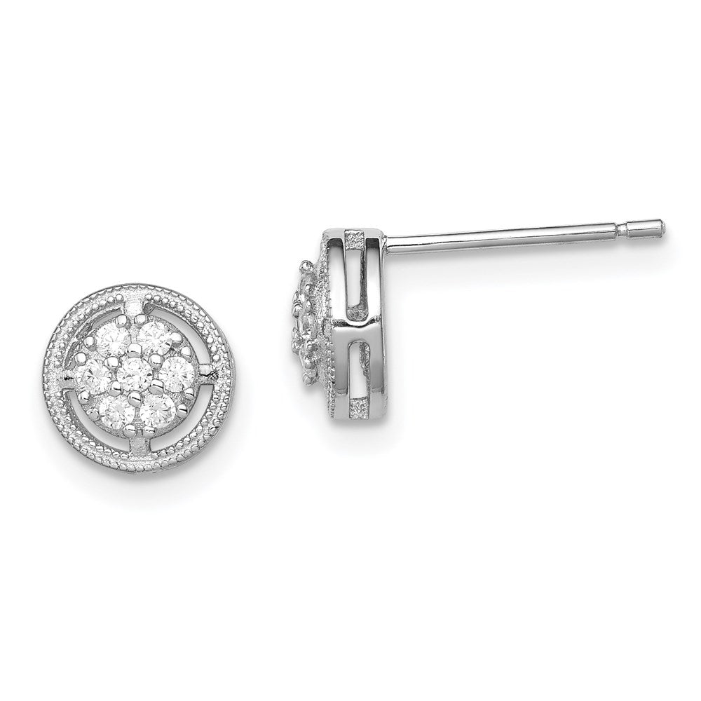 Sterling Silver Rhodium-Plated Polished & Textured Cz Round Post Earrings