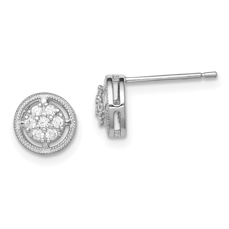Sterling Silver Rhodium-Plated Polished & Textured Cz Round Post Earrings