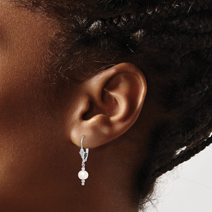 Sterling Silver Rhodium-Plated Polished White 6-7mm Freshwater Cultured Pearl Leverback Dangle Earrings