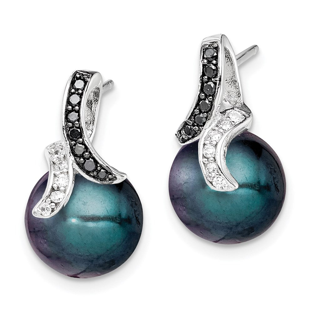 Sterling Silver Polished Black And White Cz With 9-10mm Imitation Shell Pearl Post Earrings