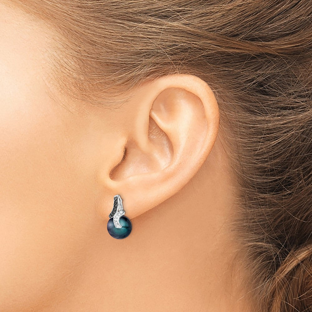 Sterling Silver Polished Black And White Cz With 9-10mm Imitation Shell Pearl Post Earrings