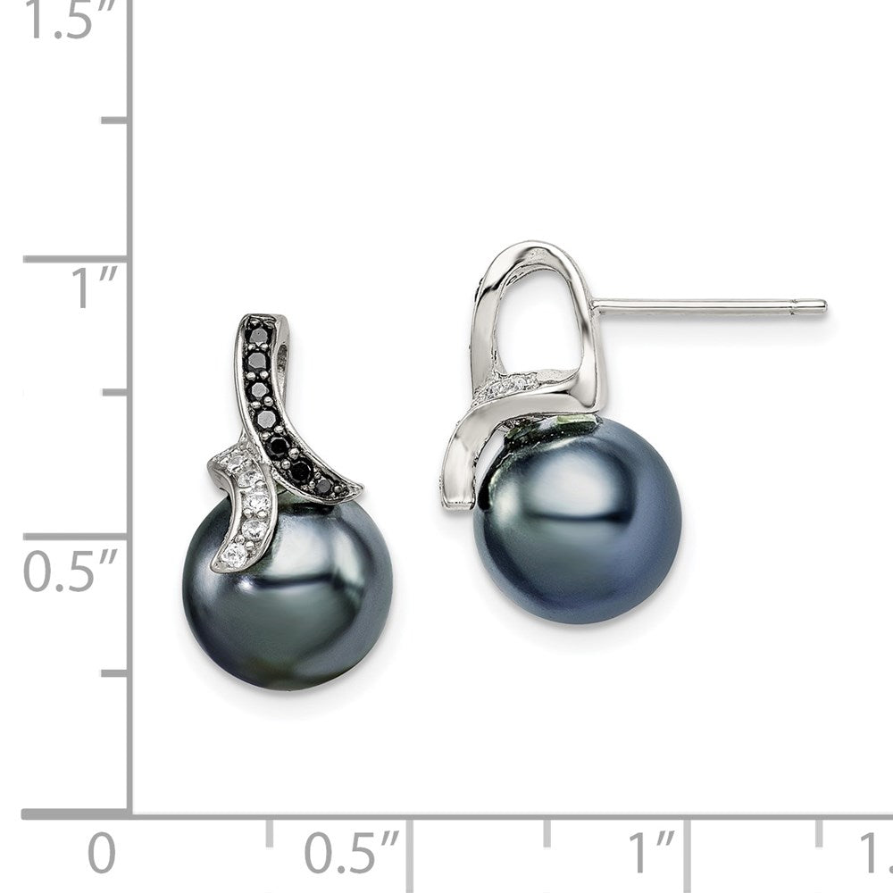 Sterling Silver Polished Black And White Cz With 9-10mm Imitation Shell Pearl Post Earrings