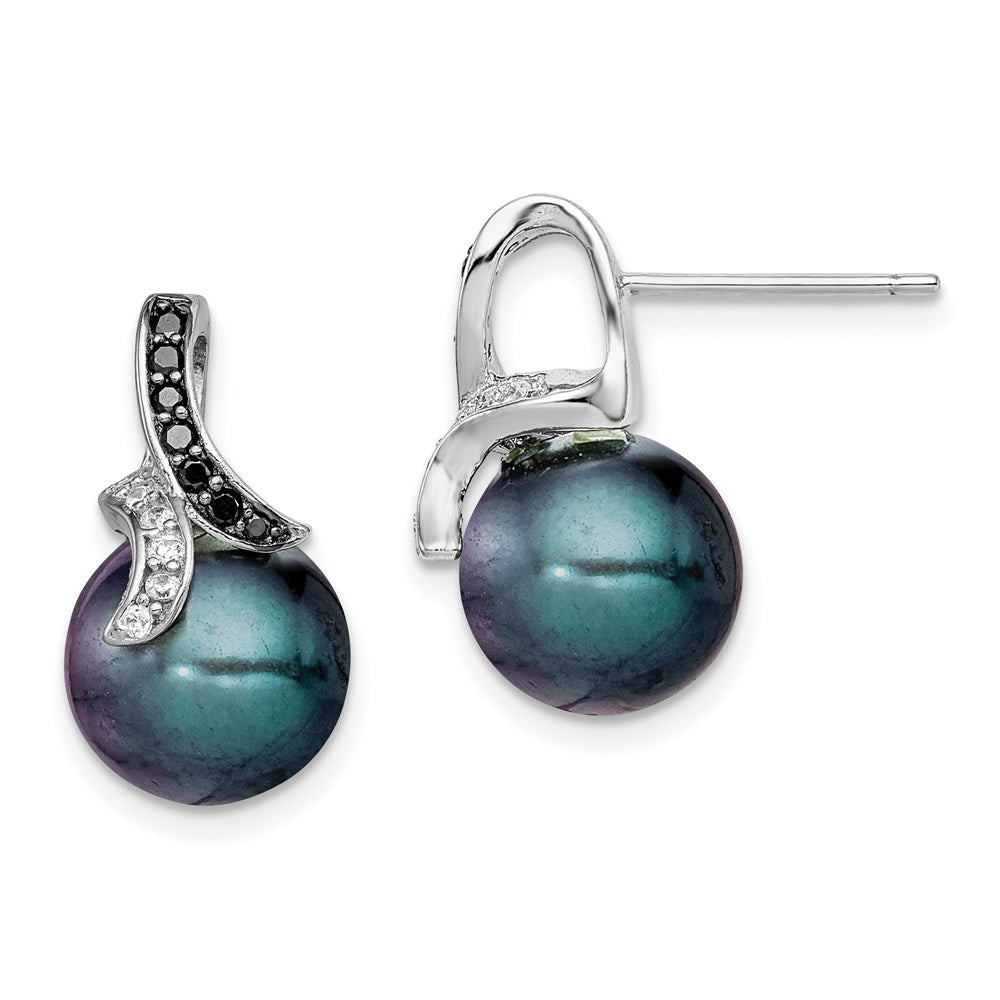 Sterling Silver Polished Black And White Cz With 9-10mm Imitation Shell Pearl Post Earrings
