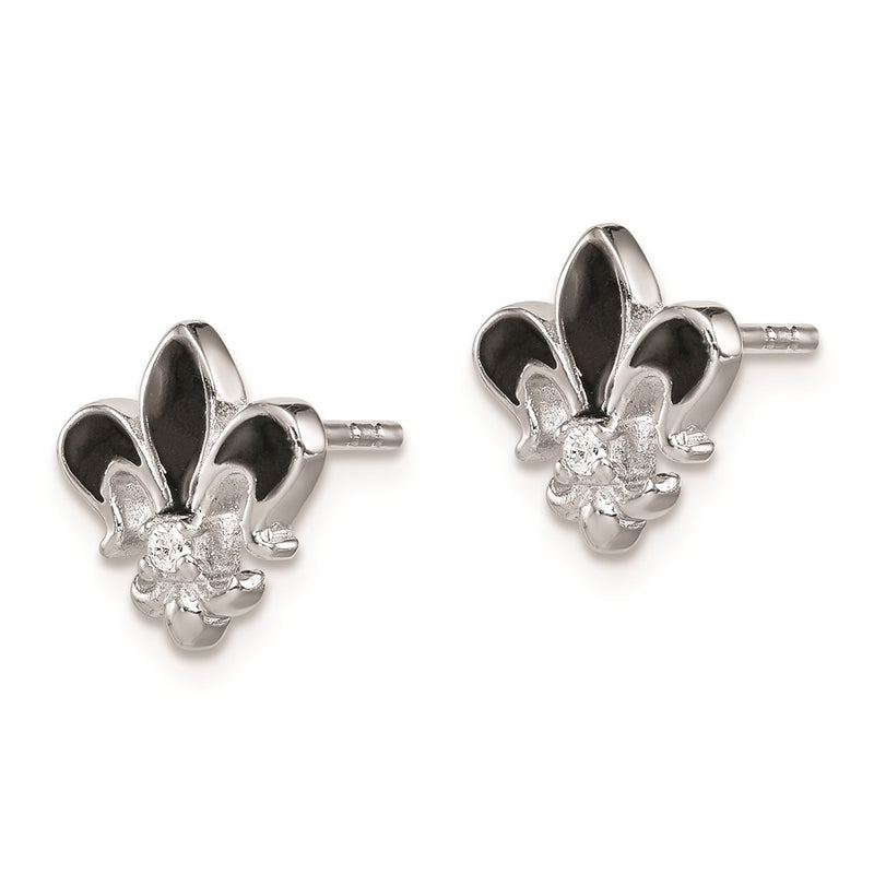 Sterling Silver Rhodium-Plated Cz & Enamel Fleur De Lis Post Earrings