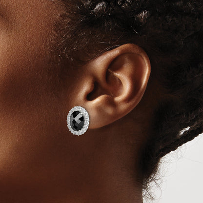 Sterling Silver Rhod-Plated Black/Clear Cz Oval Halo Post Earrings