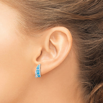 Sterling Silver Rh-Plated Cz & Blue Created Opal Twisted Post Earrings