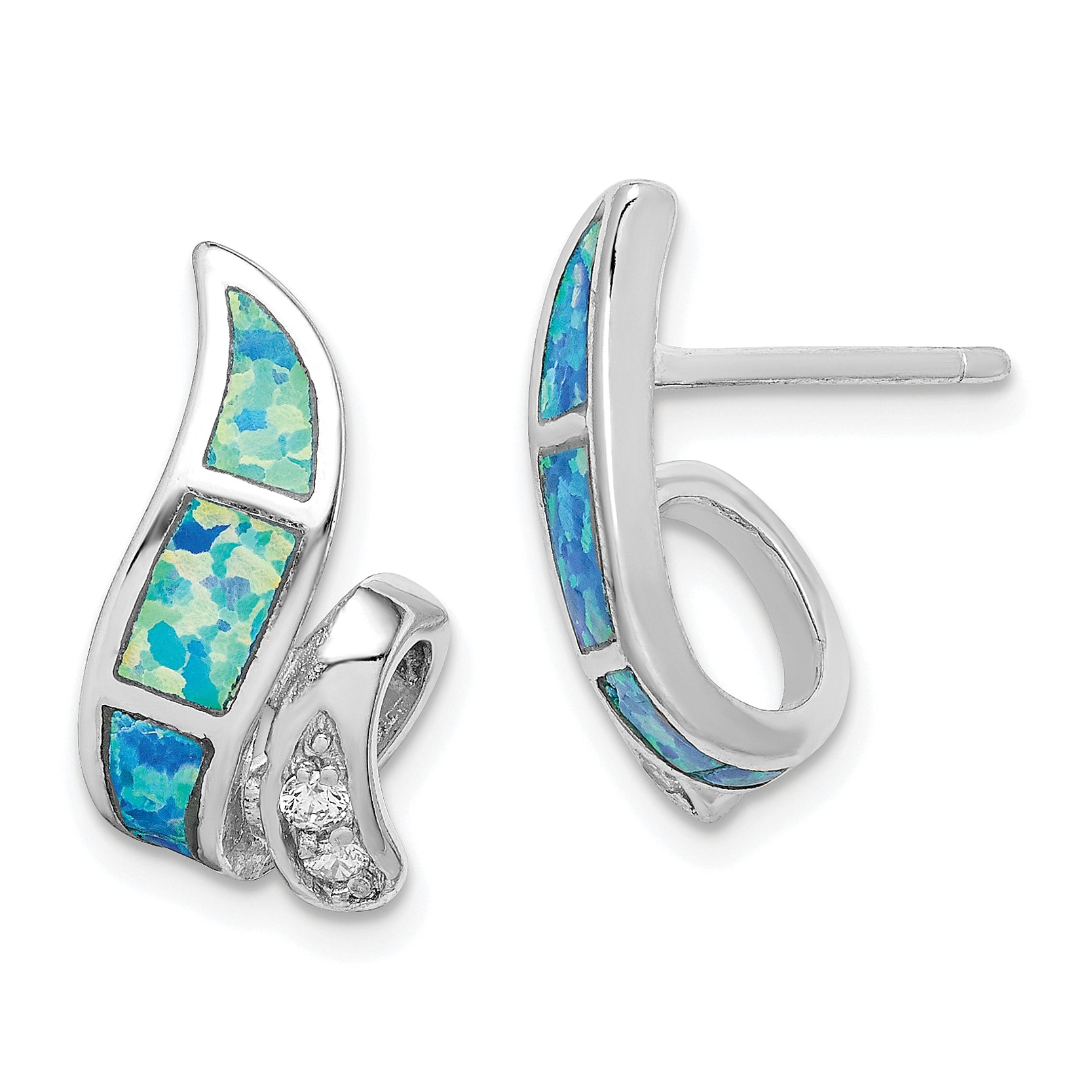 Sterling Silver Rh-Plated Cz & Blue Created Opal Twisted Post Earrings