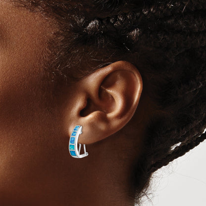 Sterling Silver Rhodium-Plated Polished Blue Created Opal Inlay J-Hoop Earrings