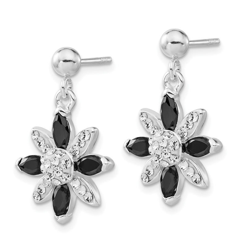Sterling Silver Black Cz & Stellux Crystal Flower Post Dangle Earrings