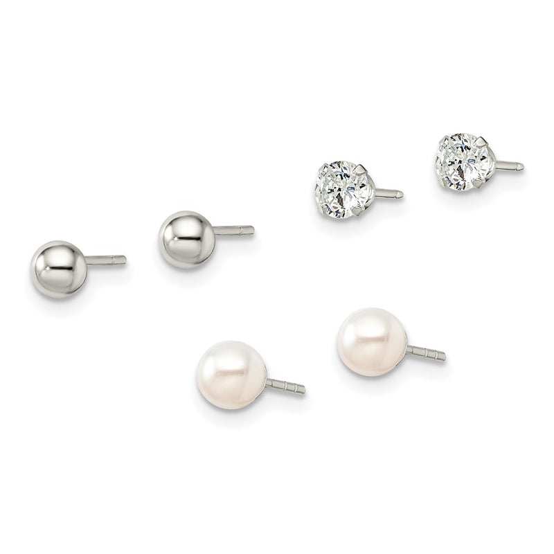 Sterling Silver Post 3Pc Stellux Crystal And Fwc Pearl Earring Set