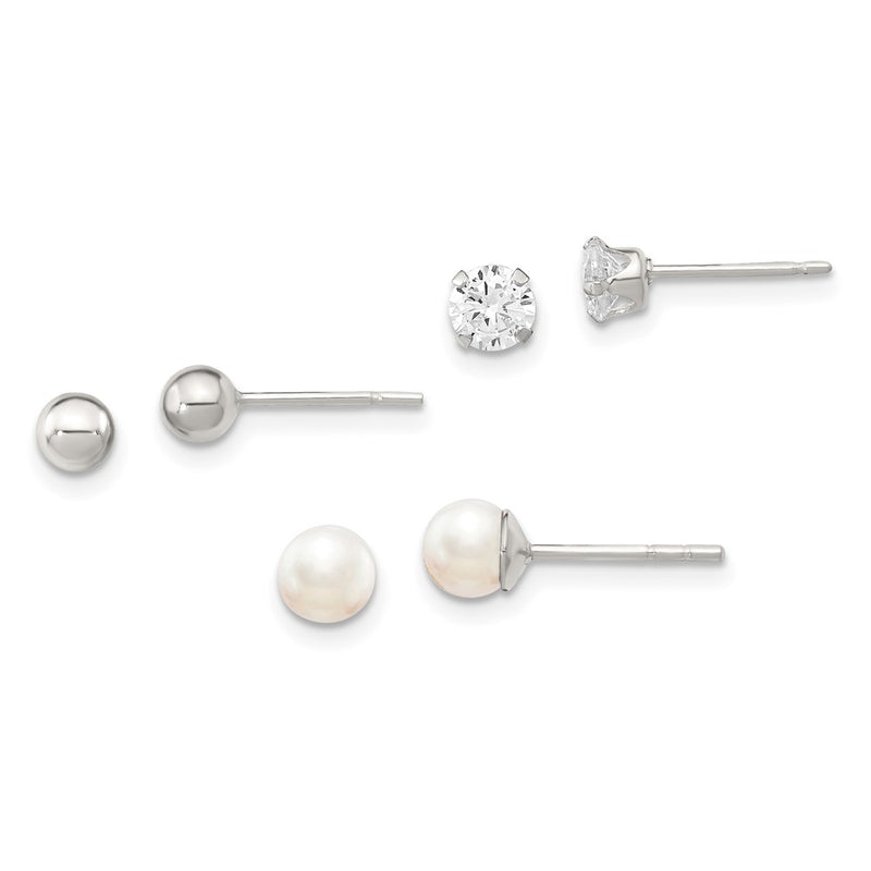 Sterling Silver Post 3Pc Stellux Crystal And Fwc Pearl Earring Set