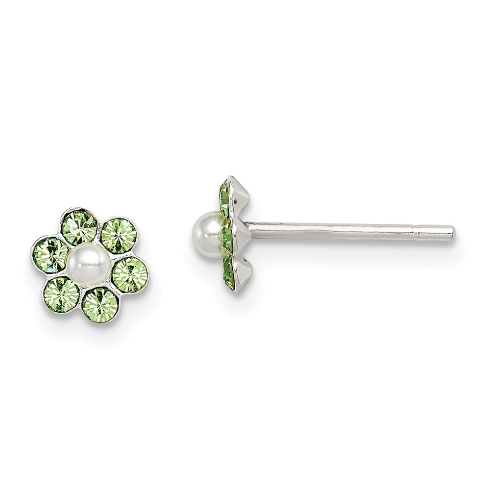 Sterling Silver Polished Children'S Stellux Crystal & Imitation Pearl Flower Post Earring Set