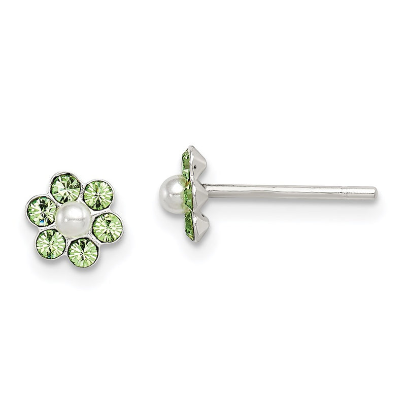 Sterling Silver Polished Children'S Stellux Crystal & Imitation Pearl Flower Post Earring Set
