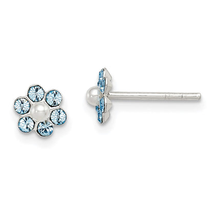 Sterling Silver Polished Children'S Stellux Crystal & Imitation Pearl Flower Post Earring Set