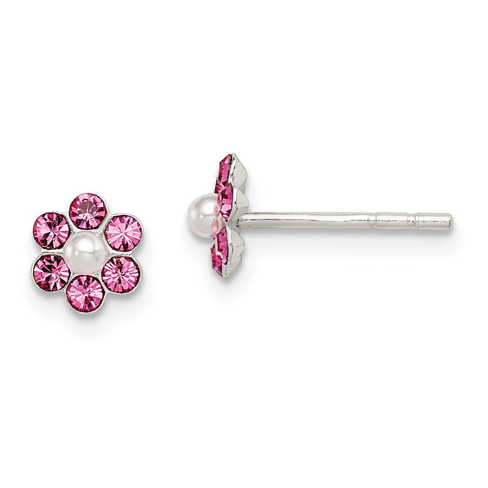 Sterling Silver Polished Children'S Stellux Crystal & Imitation Pearl Flower Post Earring Set