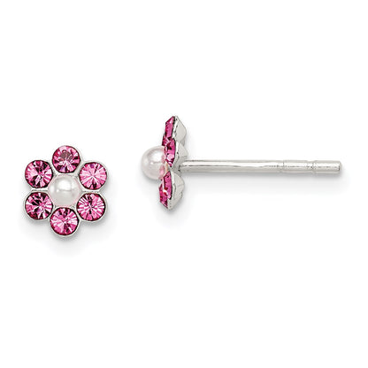 Sterling Silver Polished Children'S Stellux Crystal & Imitation Pearl Flower Post Earring Set