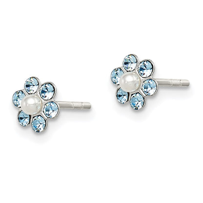 Sterling Silver Polished Children'S Stellux Crystal & Imitation Pearl Flower Post Earring Set