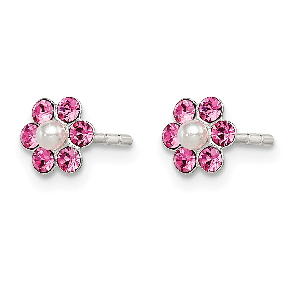 Sterling Silver Polished Children'S Stellux Crystal & Imitation Pearl Flower Post Earring Set