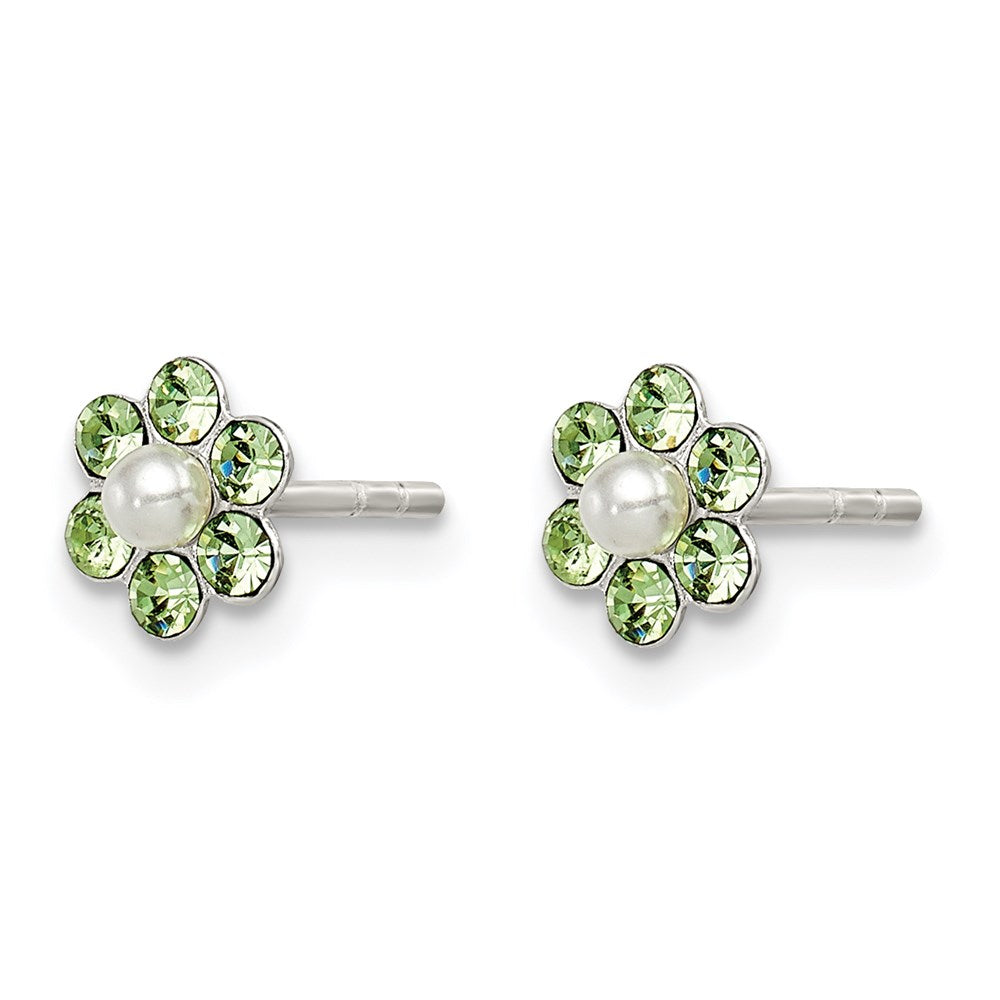 Sterling Silver Polished Children'S Stellux Crystal & Imitation Pearl Flower Post Earring Set