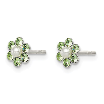 Sterling Silver Polished Children'S Stellux Crystal & Imitation Pearl Flower Post Earring Set