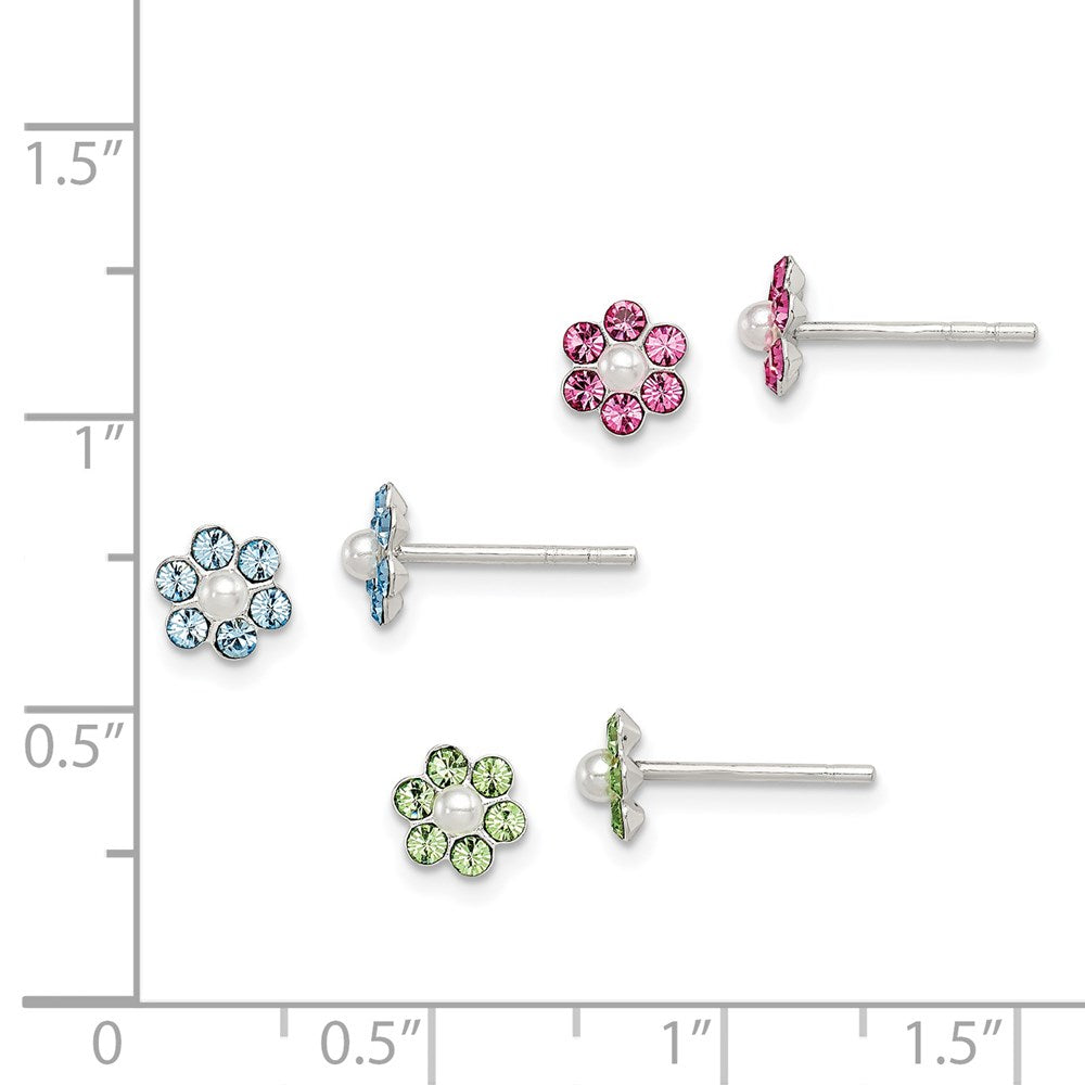 Sterling Silver Polished Children'S Stellux Crystal & Imitation Pearl Flower Post Earring Set
