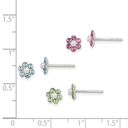 Sterling Silver Polished Children'S Stellux Crystal & Imitation Pearl Flower Post Earring Set