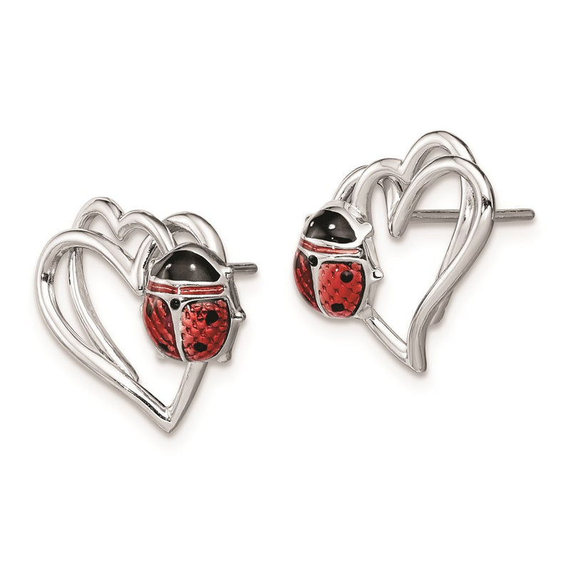 Sterling Silver Rhodium-Plated Heart With Enameled Ladybug Post Earrings