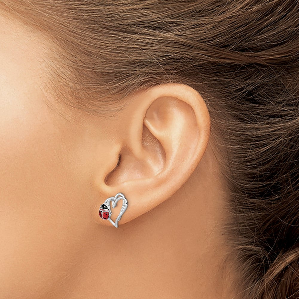 Sterling Silver Rhodium-Plated Heart With Enameled Ladybug Post Earrings