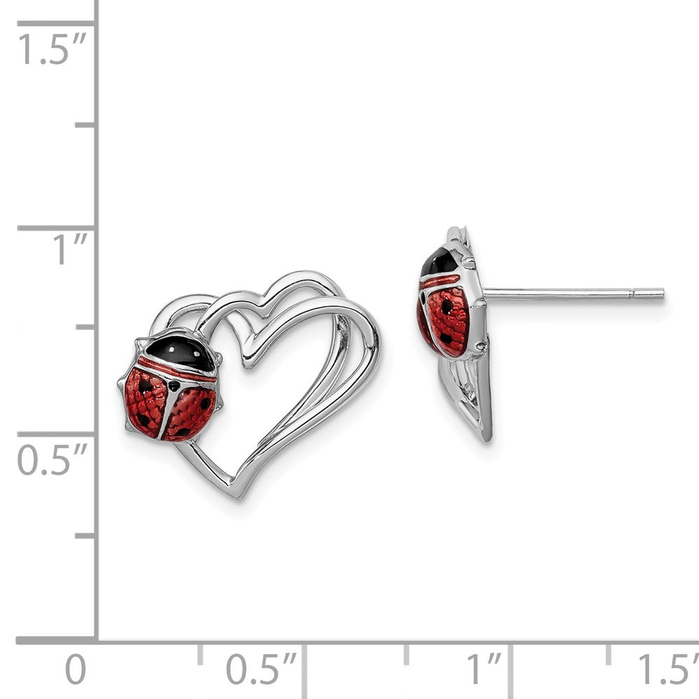 Sterling Silver Rhodium-Plated Heart With Enameled Ladybug Post Earrings