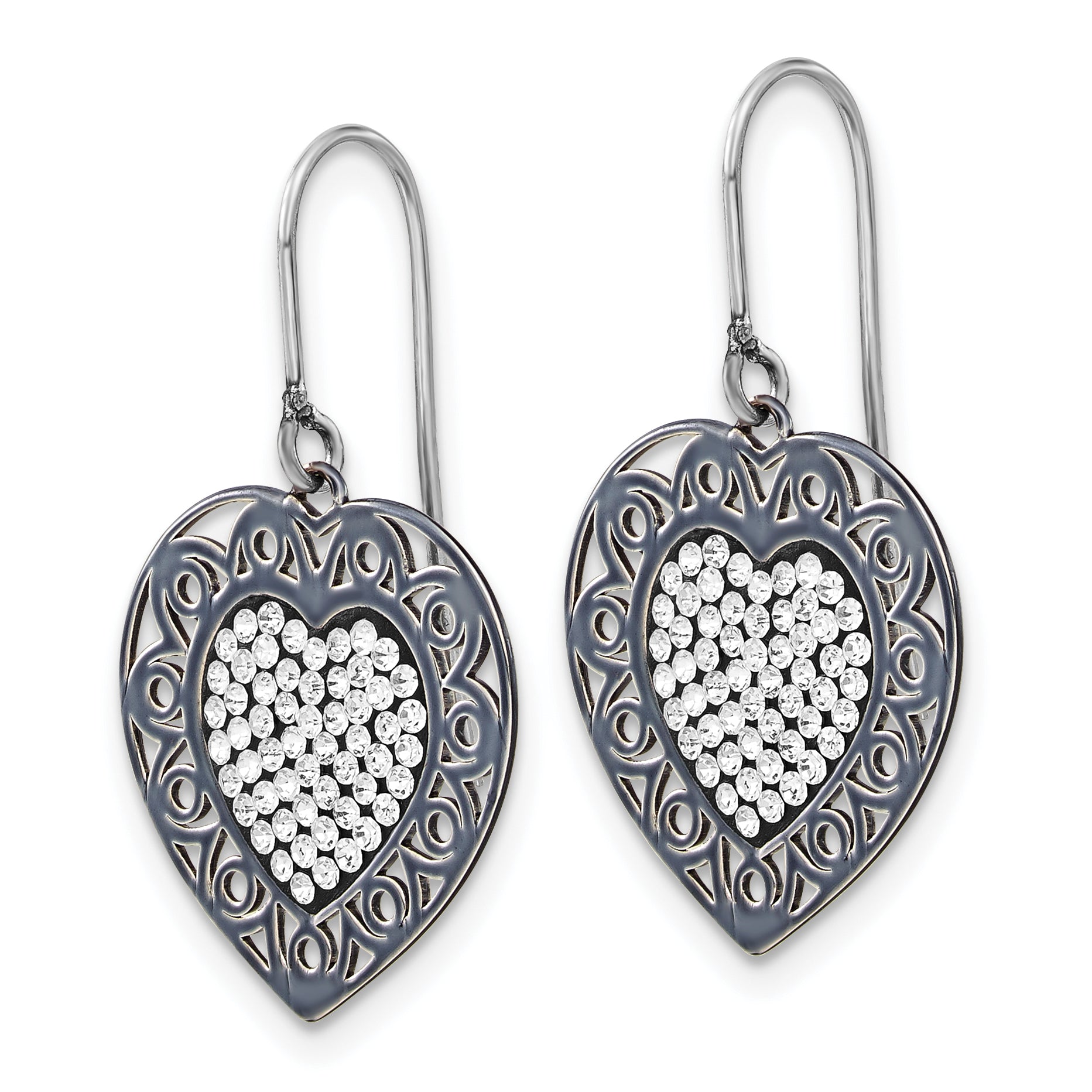 Sterling Silver & Black Ceramic Swarovski Crystal Heart Dangle Earrings