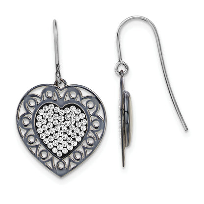 Sterling Silver & Black Ceramic Swarovski Crystal Heart Dangle Earrings