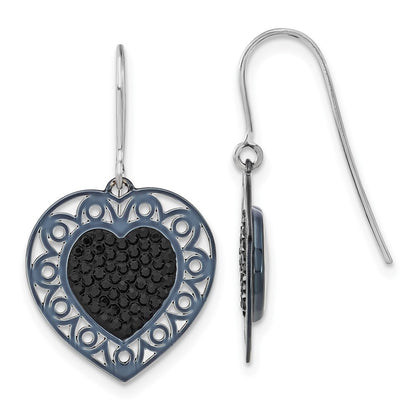 Sterling Silver Black Ceramic Swarovski Crystal Heart Dangle Earrings