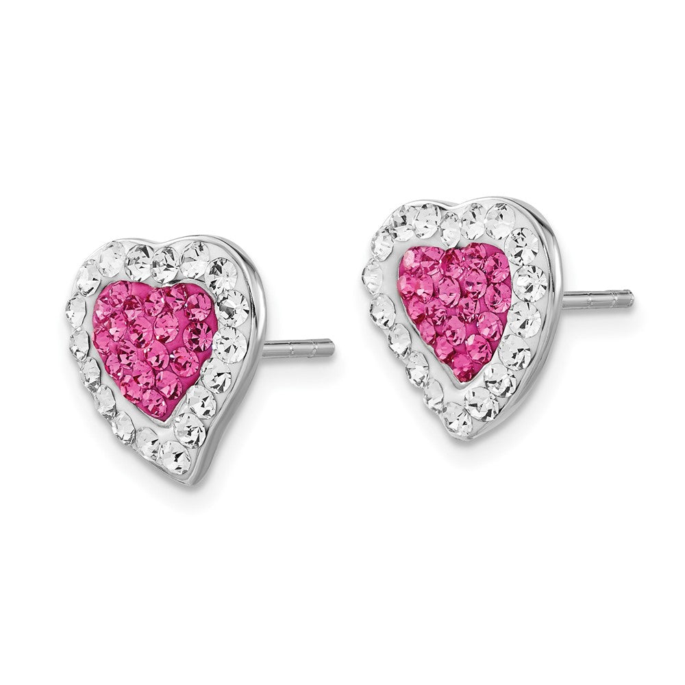 Sterling Silver Rhodium-Plated Pink & Clear Stellux Crystal Heart Post Earrings