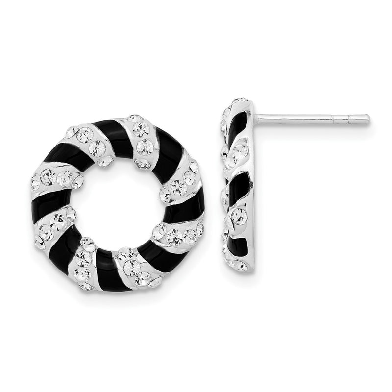 Sterling Silver Stellux Crystal & Black Enamel Open Circle Post Earrings