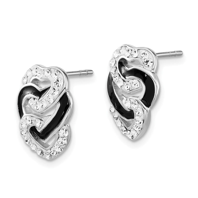 Sterling Silver Rhodium-Plated Black Enamel & Stellux Crystal Tri Heart Post Earrings