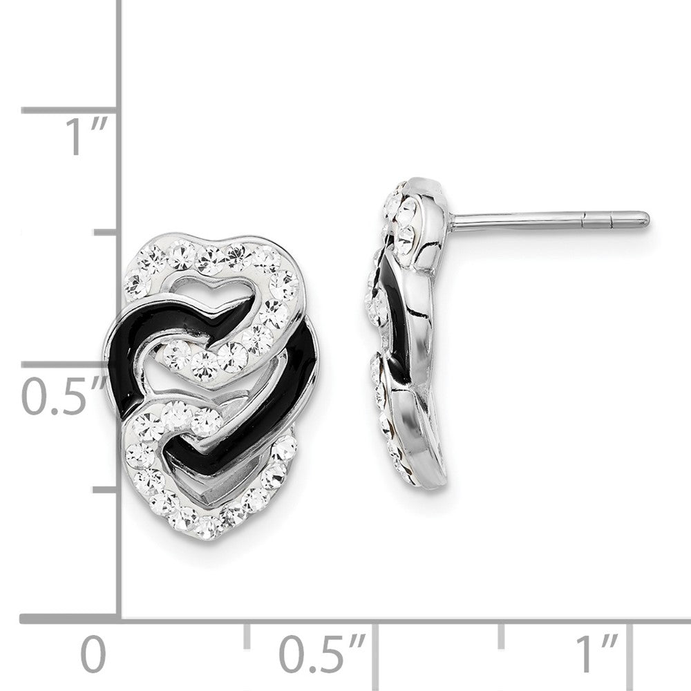 Sterling Silver Rhodium-Plated Black Enamel & Stellux Crystal Tri Heart Post Earrings