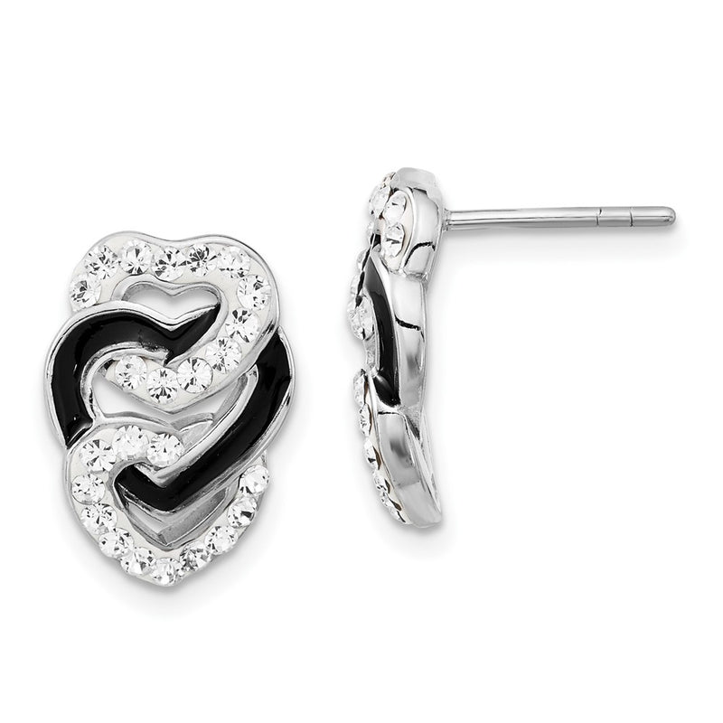 Sterling Silver Rhodium-Plated Black Enamel & Stellux Crystal Tri Heart Post Earrings