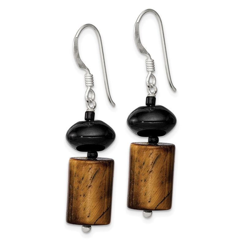 Sterling Silver Black Agate / Glass Bead Tiger'S Eye Dangle Earring