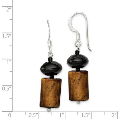 Sterling Silver Black Agate / Glass Bead Tiger'S Eye Dangle Earring